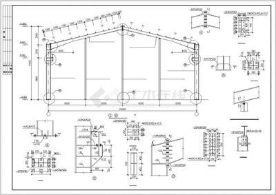 房屋钢结构设计图（单层厂房钢架轻型房屋钢结构设计图通常包括屋顶平面图、大样图等）